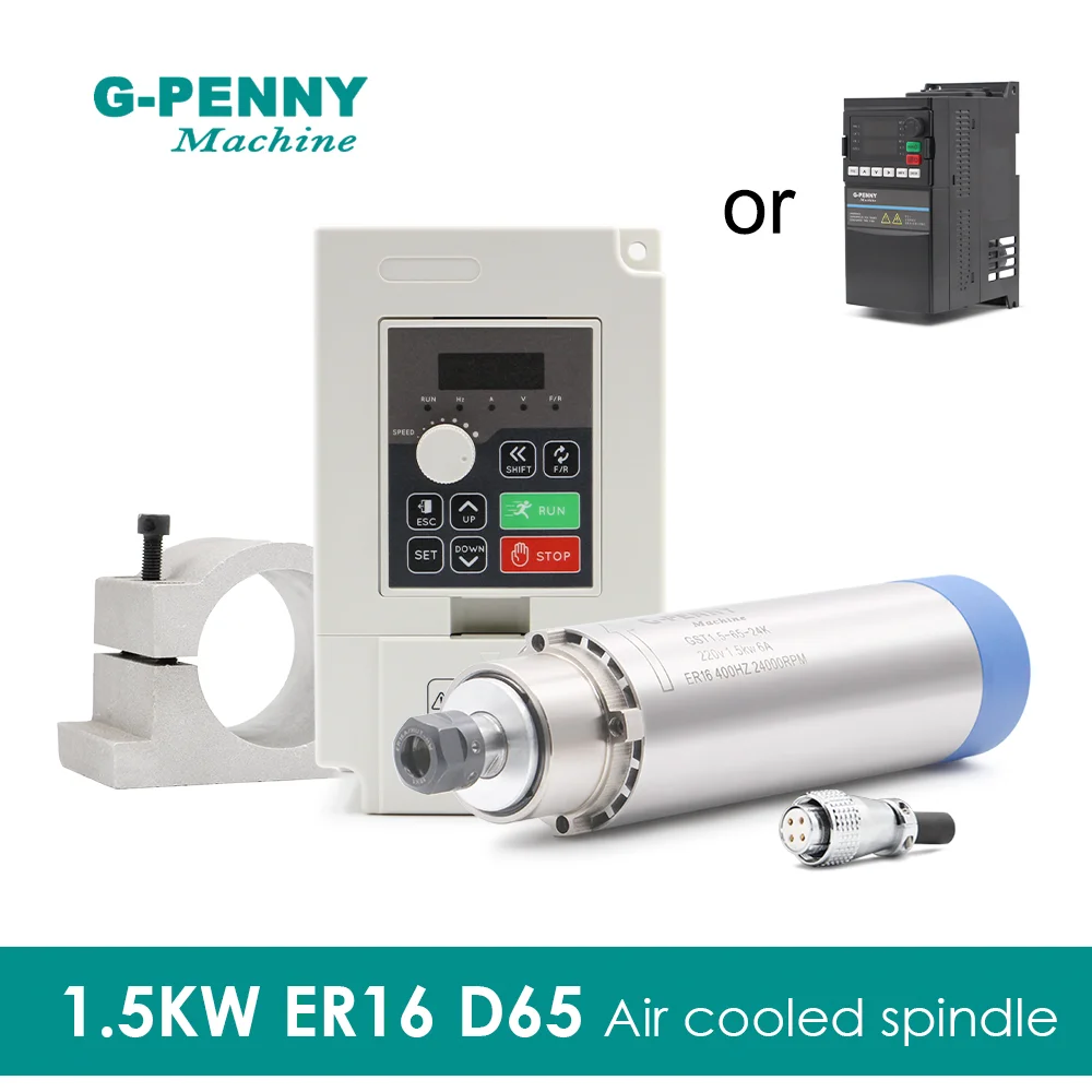 G-PENNY Air Cooled Spindle Motor Kit ER16 D65 with 1.5KW QL/YL42 Inverter/VFD 4 Bearings And Bracket for CNC Machines