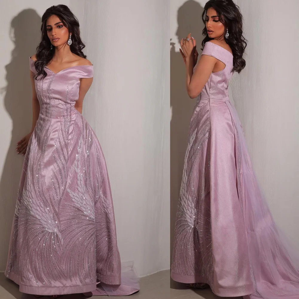 

Glamorous Sleeveless Satin Beaded Sparkly Saudi Gown for Evening A-line Backless Long Party Dress with Sweep Train Custom
