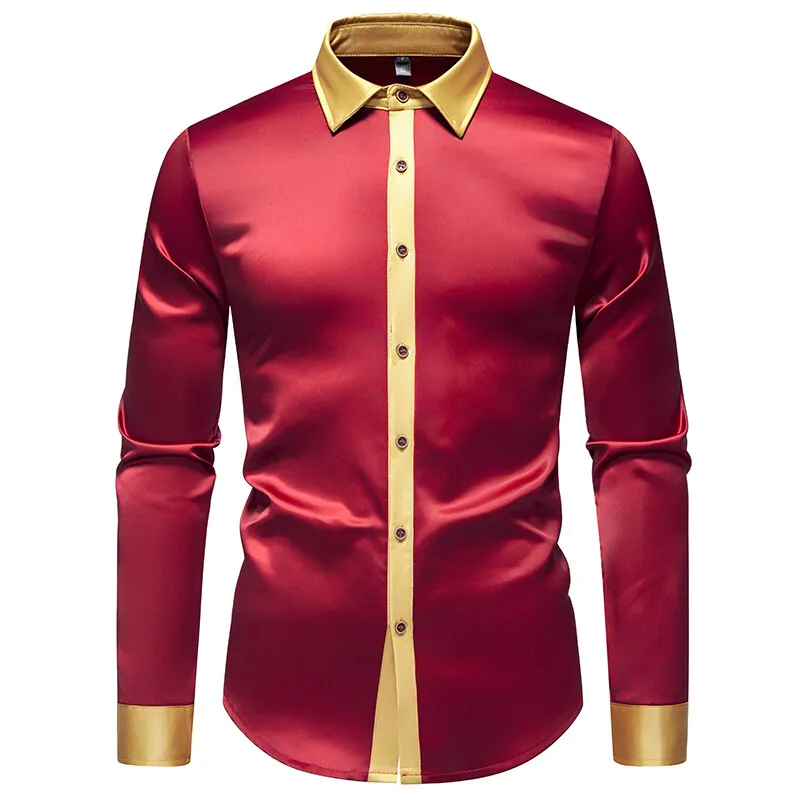 Spring Men's Satin Luxury Color Blocked Shirts Fashion Smooth Tuxedo Long Sleeve Shirt Wedding Party Prom Casual Shirt Business