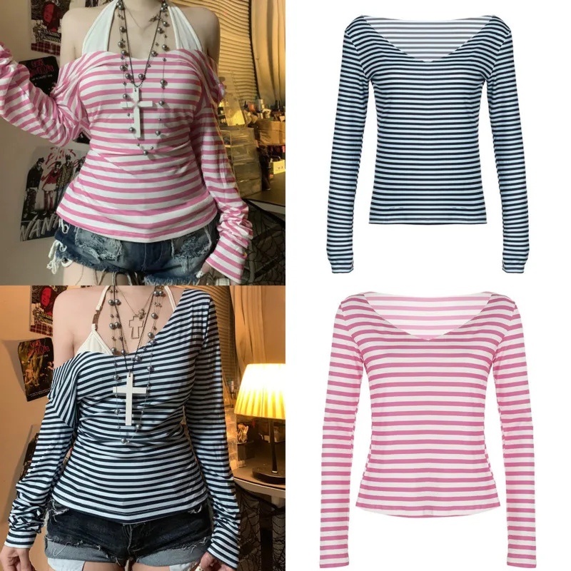 

Y2K Striped Color Blocked Tops&Tees Top Women Spring Summer Japan Korea Lolita Punk 2 Piece Set Hot Girl Off Shoulder V-neck Top