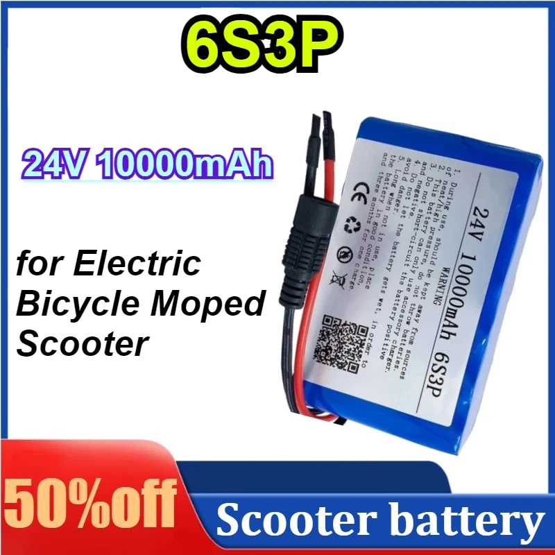 

24V 10000mAh 6S3P 18650 Lithium Battery Pack with BMS Safety System 25.2V 2A Charger for Electric Bicycle Moped Scooter