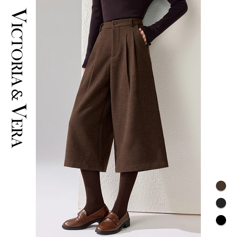 Women's High Waist Pleated Wool Blend Culottes Wide Leg Cropped Midi Trousers for Fall Winter
