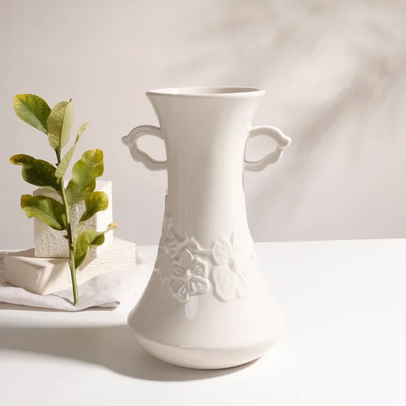 European Vintage Ceramic Vase, Embossed Floral Design for Home Office Decoration, Classical Flower Arrangement Centerpiece