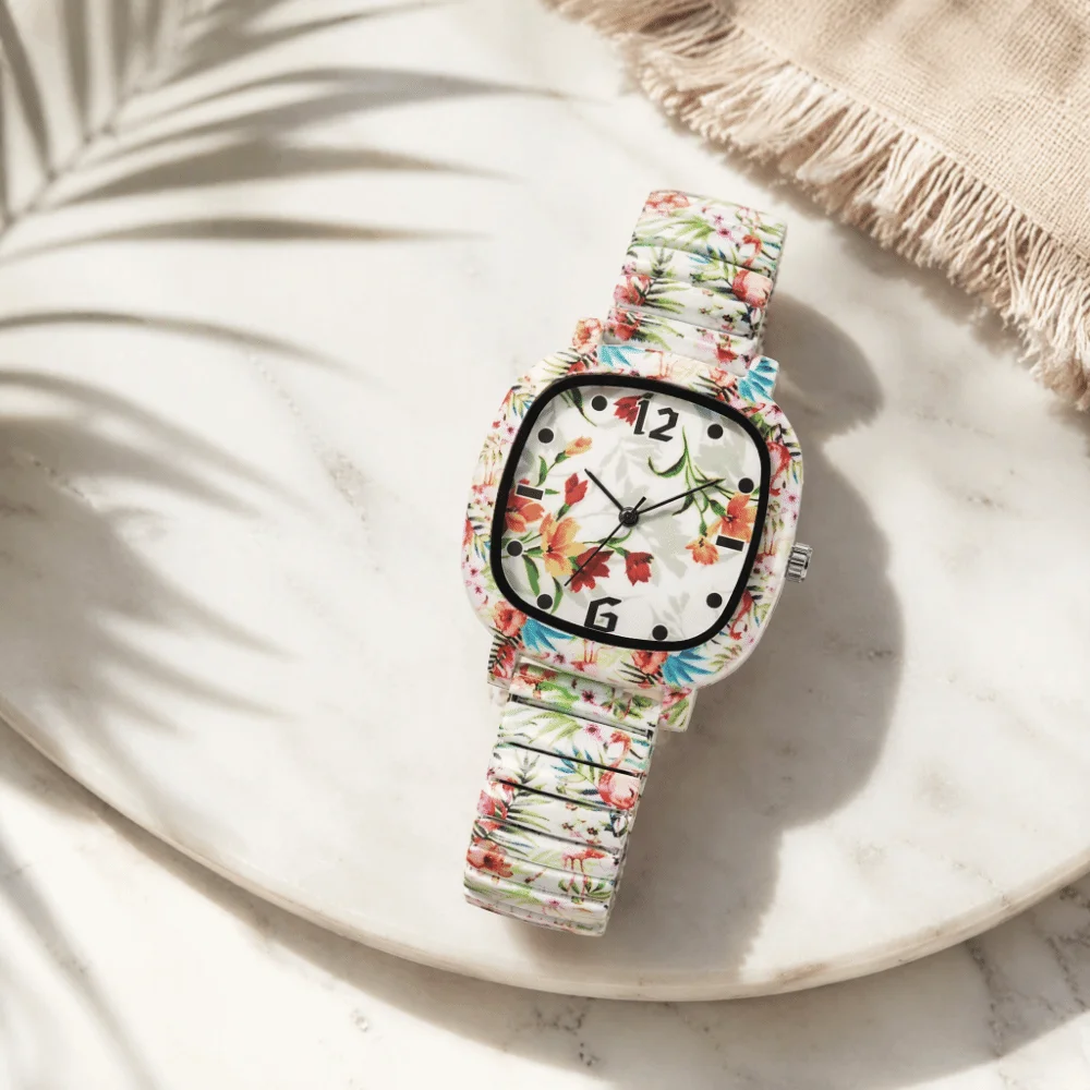 Stainless Steel Quartz Bracelet Watch Elastic Floral Printed Square Wristwatch Colorful Rainbow Gradient Stretch Strap Watch