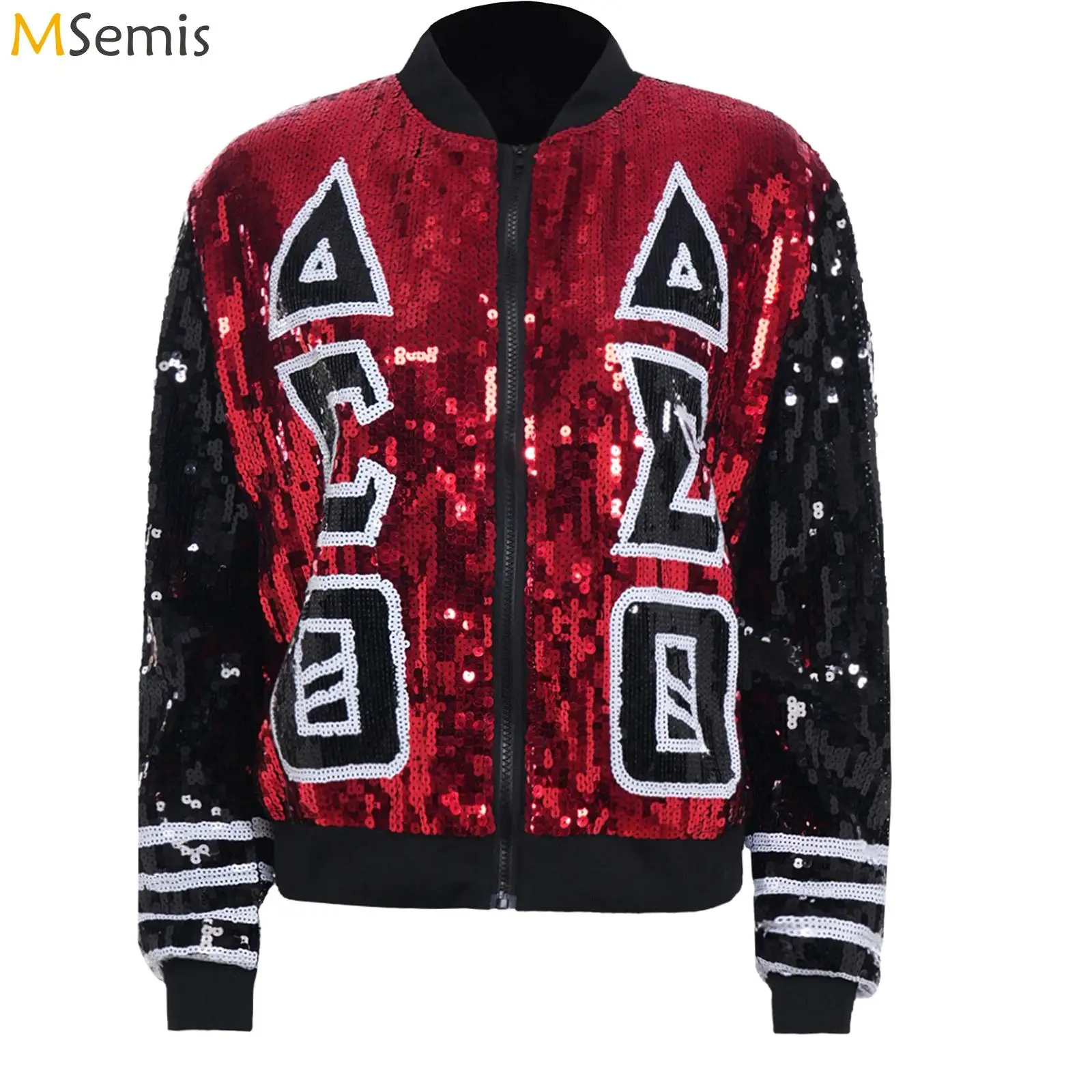 

Womens Jazz Hip-hop Costume Front Zipper Bomber Jacket Tops Outerwear Sequined Long Sleeve Baseball Jacket Sequin with Lining
