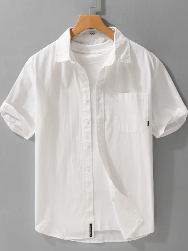 Men's Pure Color Short Sleeve Cotton Shirt Summer New Style Retro Basic Casual Shirt Loose Fit Multi-Color Fashionable Urban