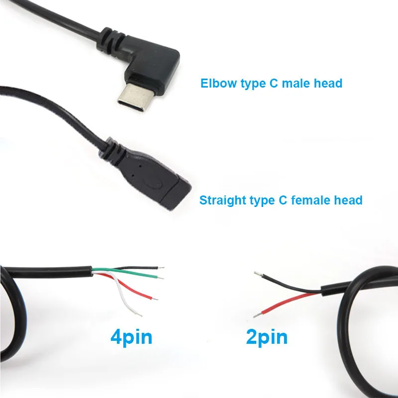 0.25-2M 2/4 core pin wire USB 2.0 Type C Male female elbow type-c Cable Connector right angle Plug DIY Repair data Charging cord
