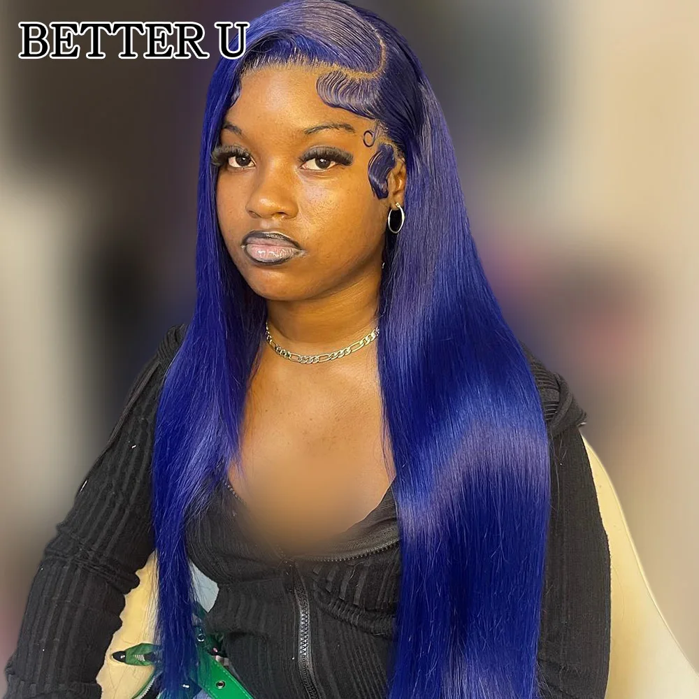 다크 블루 인모 레이스 프론트 가발 프리플러킹 13x6 스트레이트 인모 가발 네이비 블루 레이스 프론탈 가발 여성용 250% 밀도