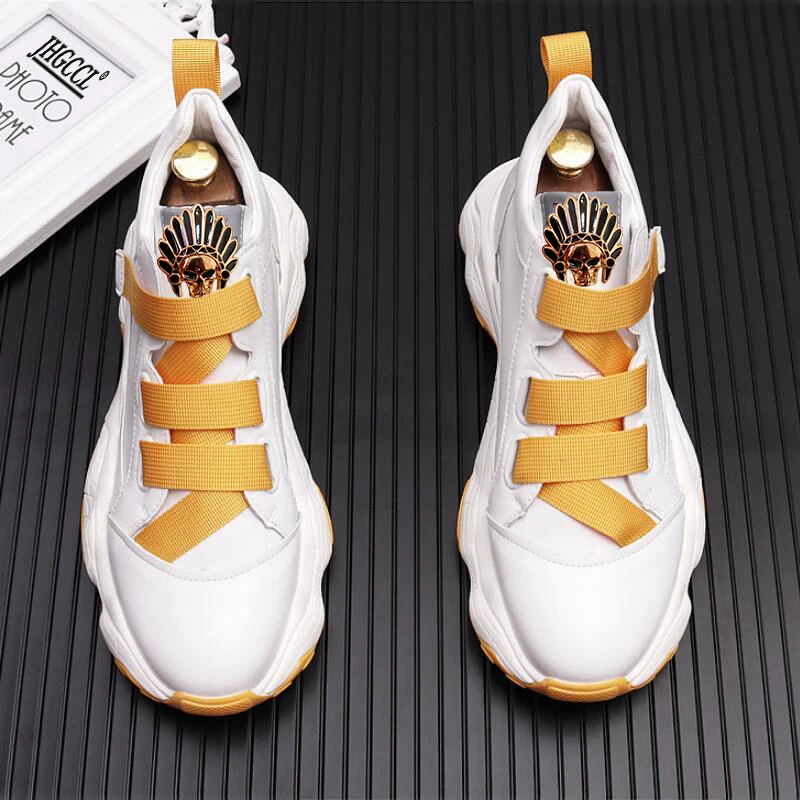 Triple comfortabl Fashion Men Yellow Casual Shoes High Top Lace Up Trending Man Leisure Shoes Platform Hip Hop Zapatos White A3s