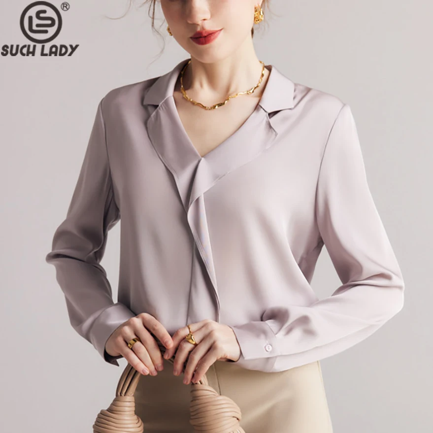 

90% Natural Silk 10% Spandex Women's Shirt Turn Down Collar Ruffles Long Sleeves Elegant Fashion Blouse Tops