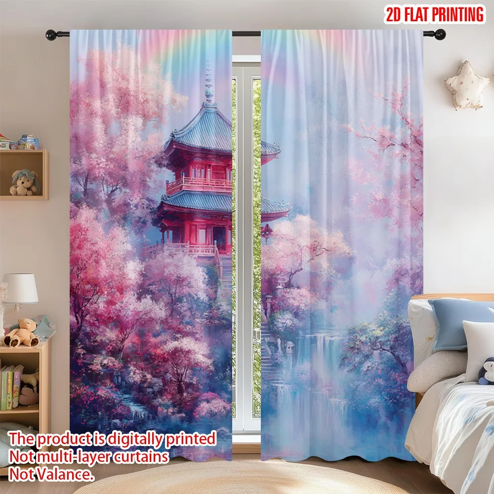 

2D flat printing 2pcs Curtain Party Curtain Spring Cherry Blossom Temple Digital Printed Polyester Drapes Family Party
