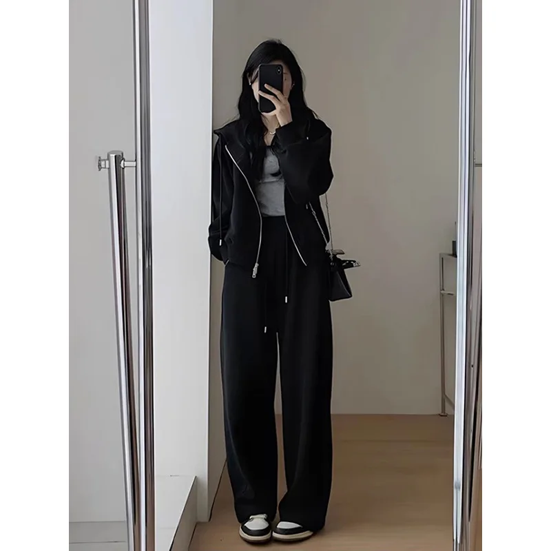 2024 Autumn Winter New Solid Loose Women\'s Hoodie and Sweatpants Two Piece Set Korean Fashion Y2k Zip Up Hoodie Sweatshirts