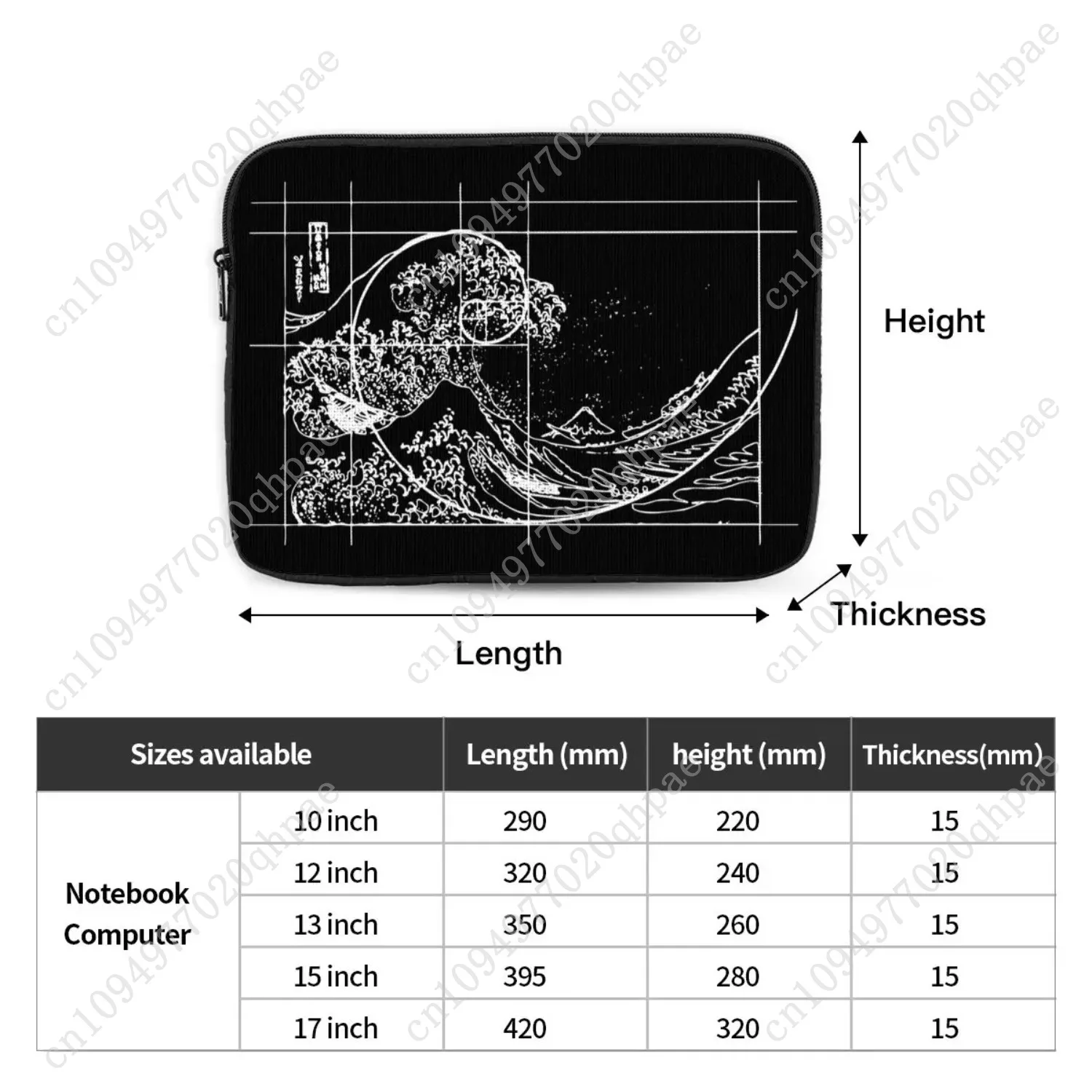 حقيبة كمبيوتر محمول للكمبيوتر المحمول Hokusai يلتقي تسلسل فيبوناتشي النسبة الذهبية كم الكمبيوتر الرياضيات حقيبة مضادة للصدمات لماك بوك