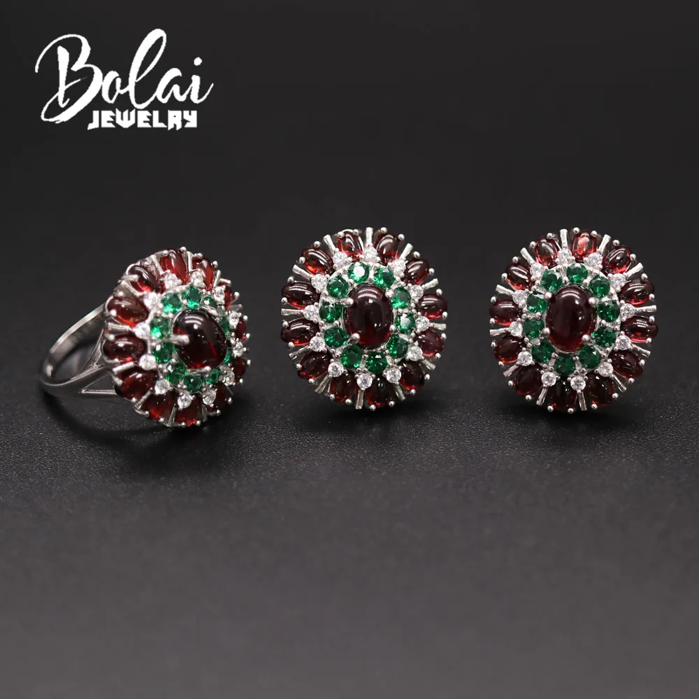 

BolaiJewelry кольцо с натуральным гранатом и набор из сережек и кулона роскошный и Изысканный Идеальный Подарок на годовщину вашего любимого человека