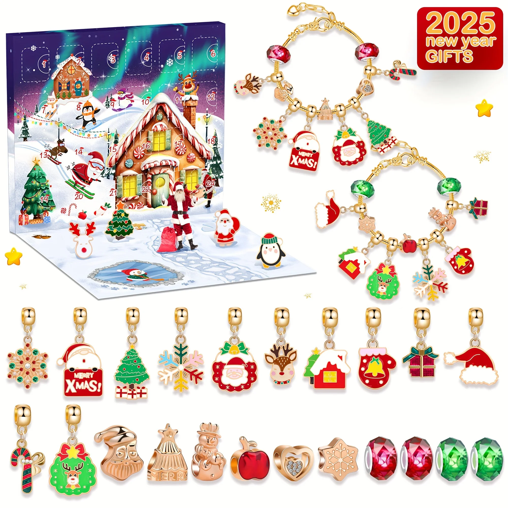 

2025 Christmas Advent Calendar Bracelet Making Kit, 24-Day Countdown Calendar with 22 Gold Charm Beads 2 Bracelets, DIY Jewelry