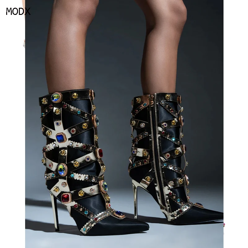 

2025 Women Rhinestone Boots For Women Elegant Woman Shoes With Belt Botas De Mujer Fashion Slip-on Mid Calf Boots 44