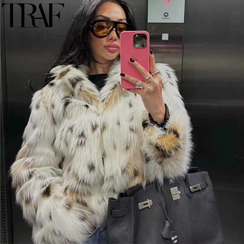 TRAF Fluffy Faux Fur Coat Women Vintage Leopard Jacket Plush Artificial Fur Coat Autumn Long Sleeve Warm Winter Woman Coat