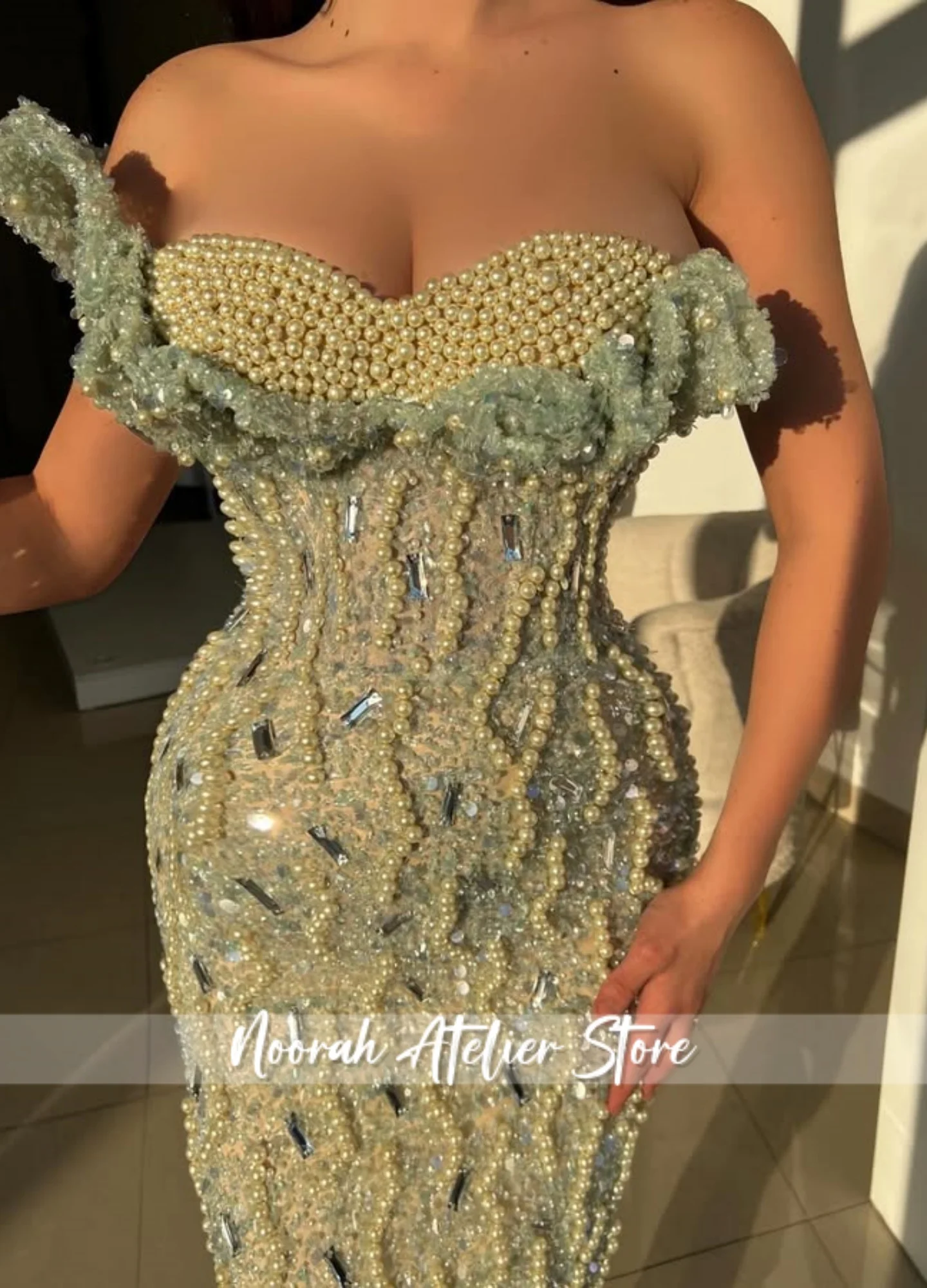 New Green Dubai Sequin Pearls Evening Dresses 2025 One Shoulder Wedding Dresses Prom Gown فساتين سهرة Formal Dress Customized