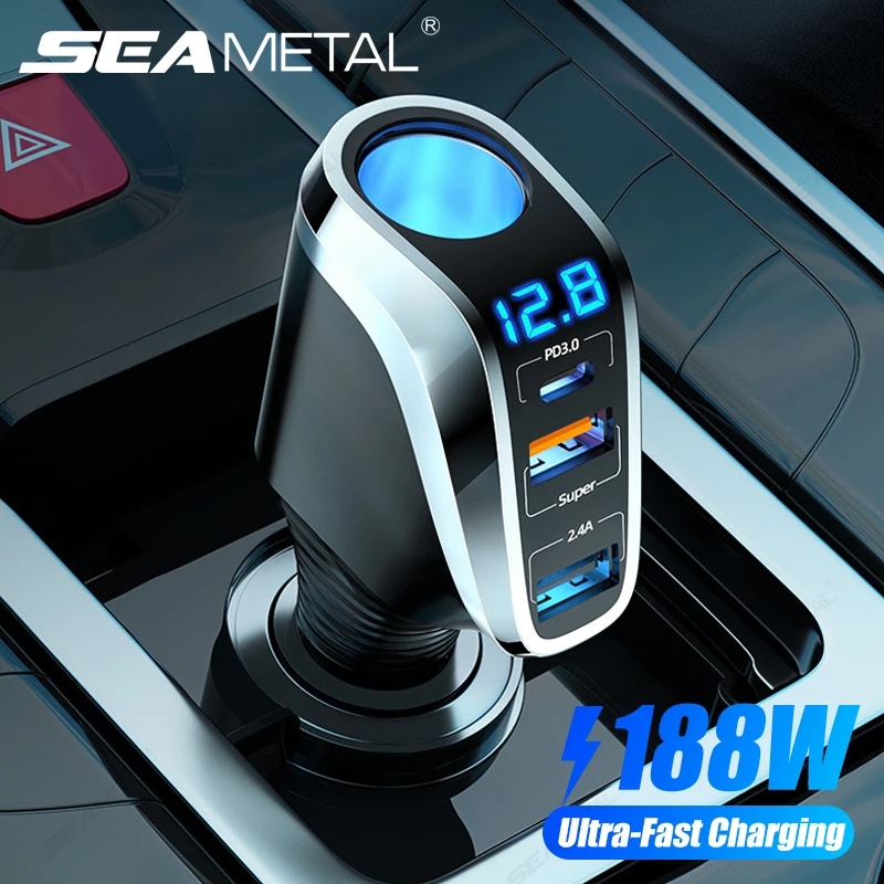 SEAMETAL 188W Autoladegerät High Power Schnellladung QC3.0 Telefonladegerät 3-Port USB-Ladegerät für iPhone/iPad/Samsung/Xiaomi/Huawei