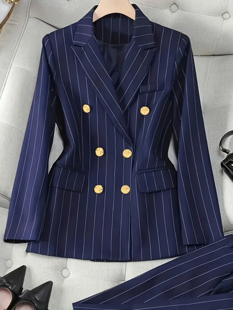 سترة UOOZEE النسائية المخططة باللون الأزرق الداكن مزدوجة الصدر وأكمام طويلة وفضفاضة وأزرار أنيقة بدلة مكتب الأعمال #2