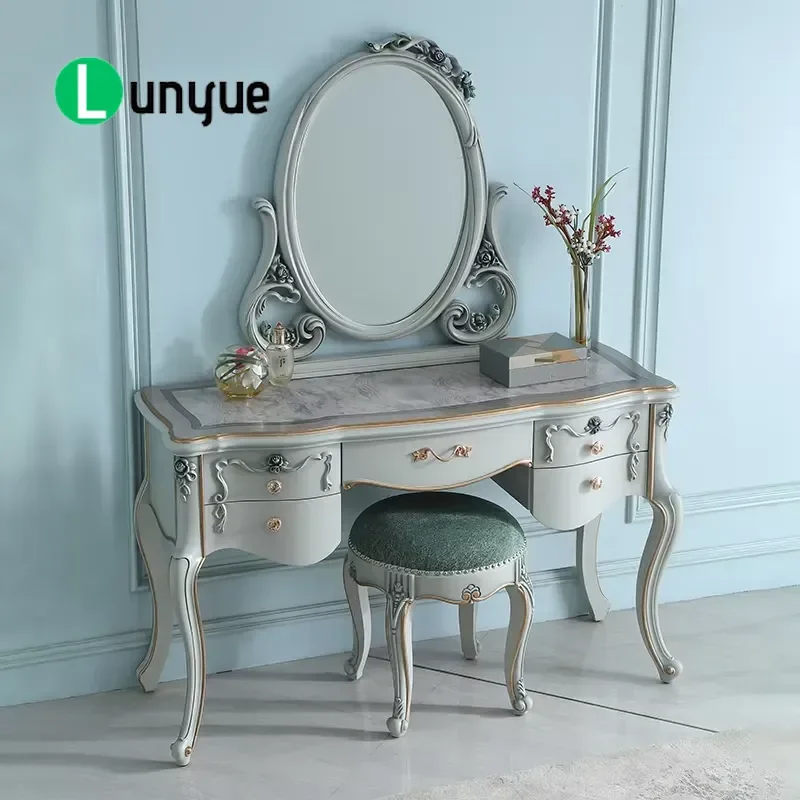 French Curved Wooden Bedroom Dresser Set with Mirror Classic Design Storage Furniture for Home Decor Elegant Vanity Table
