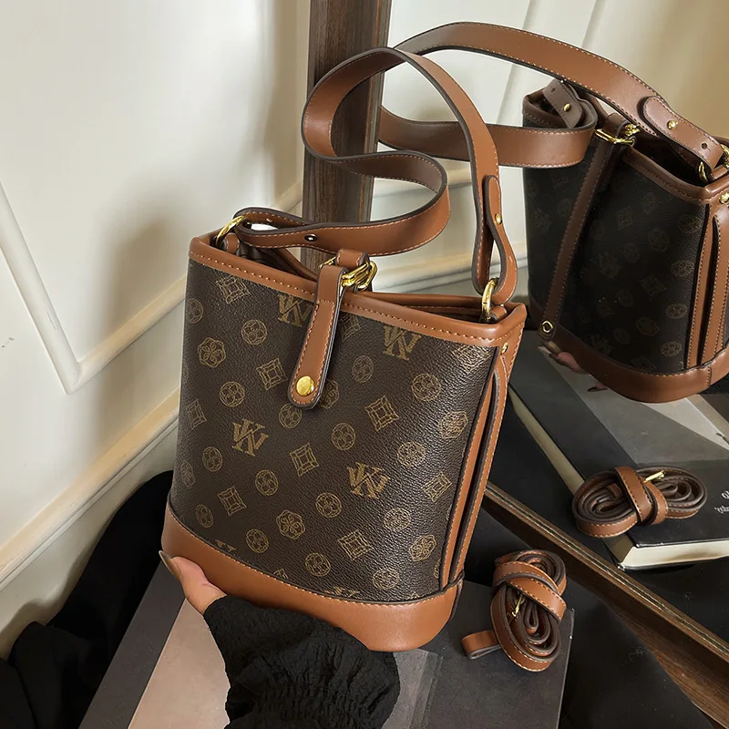 

2025 New Monogram Bucket Bag for Women Color Block Shoulder Bag with Top Handle, Minimalist Crossbody Purse for Office Commute