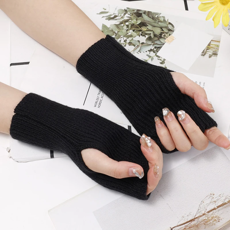 Gants demi-doigt en laine tricotée pour femme, couleur unie, doux et chaud, idéal pour l\'hiver