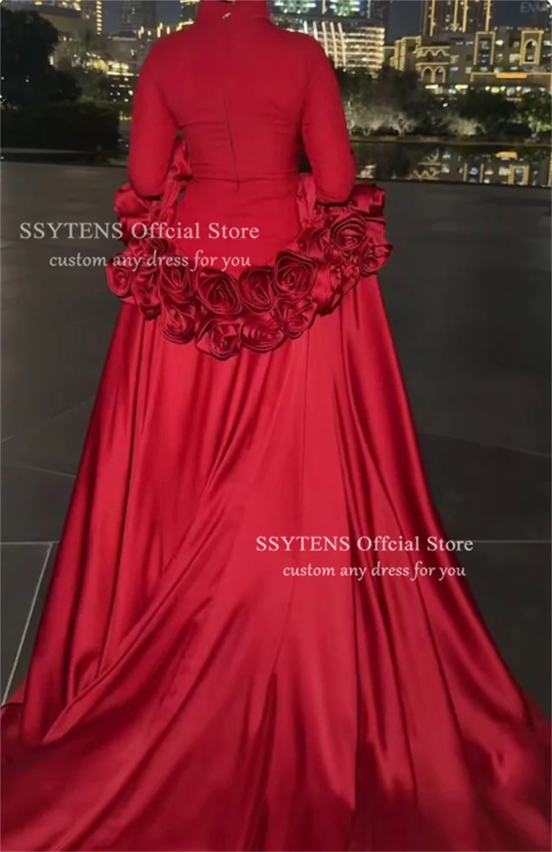 SSYTENS 럭셔리 레드 롱 이브닝 드레스 3D 꽃 케이프 사우디 아라비아 댄스 파티 드레스 공식 행사 댄스 파티 드레스 여성 맞춤형
