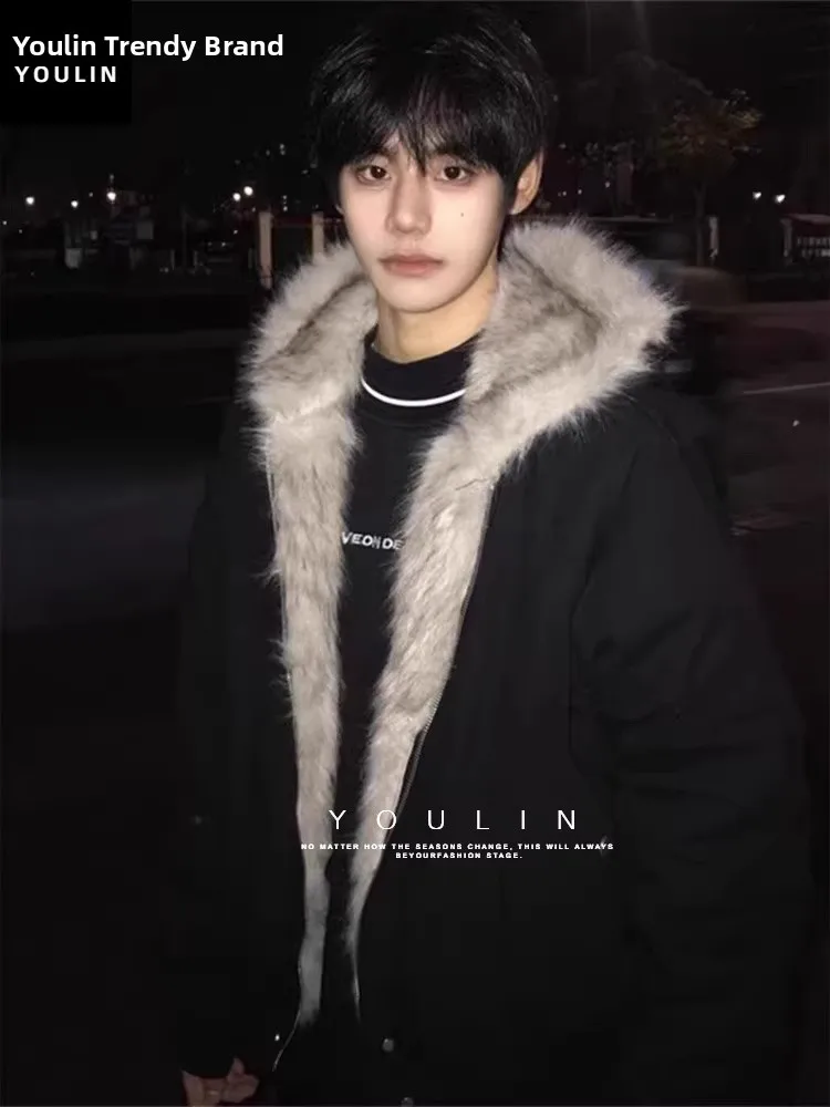 

Черная мужская куртка в американском стиле с капюшоном, осенне-зимняя, теплая, с меховым воротником, хлопковая, короткая, рабочая, молодежная, модная