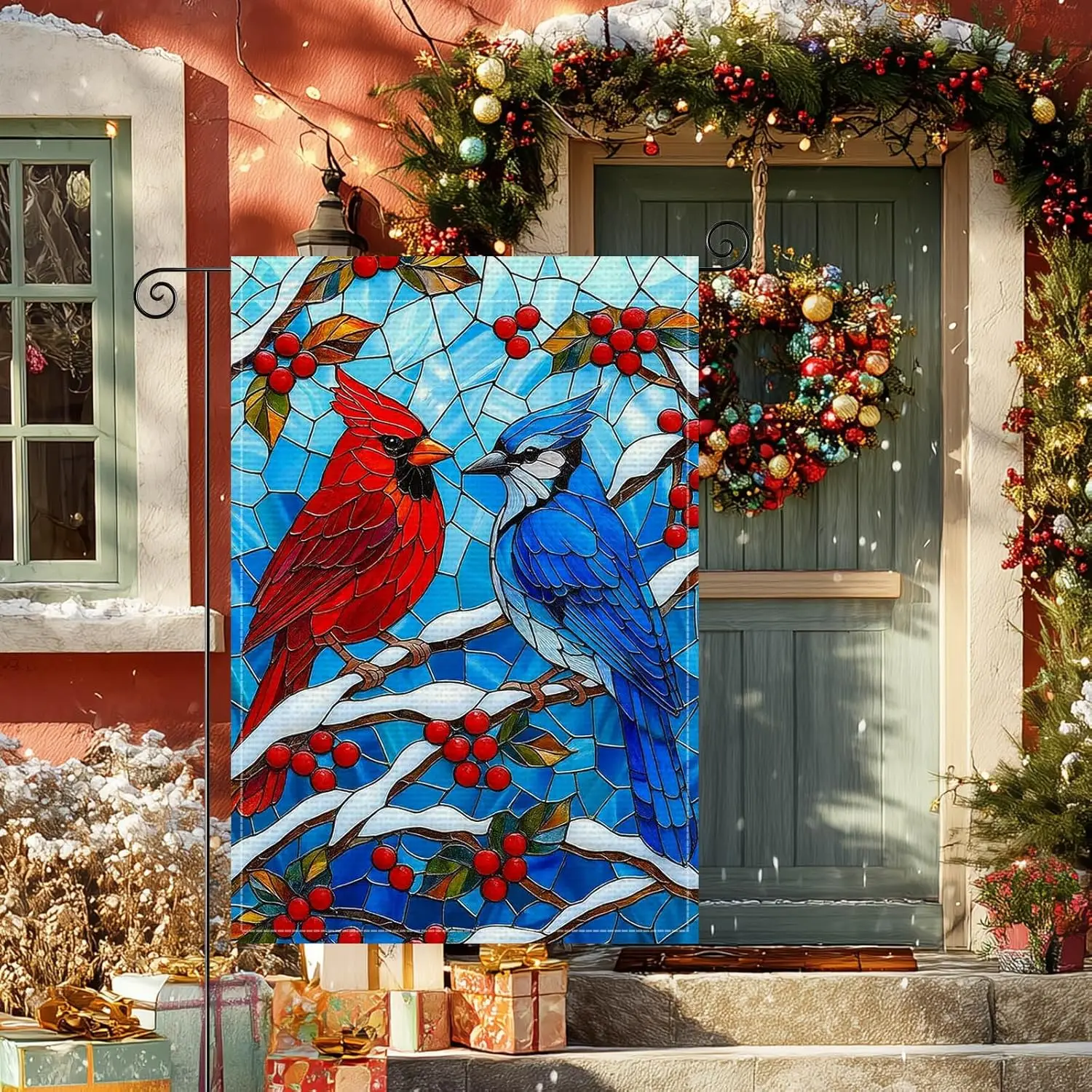 Winter Bird Stained Glass Garden Flag Double Sided 12x18 Inch Burlap Winter Garden Flag Red Cardinal and Blue Jay Birds Bann llz