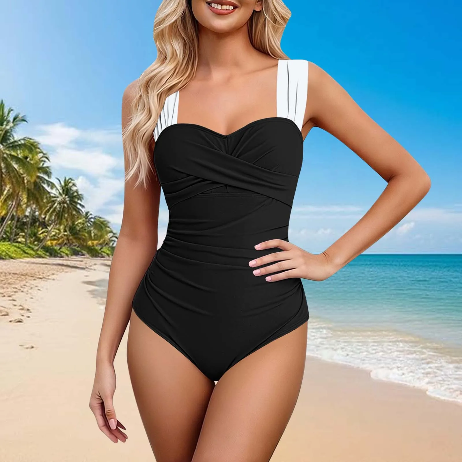 

2026 shoulder strap contrasting one-piece swimsuit for women, high waist slimming and sexy bikini beach vacation swims
