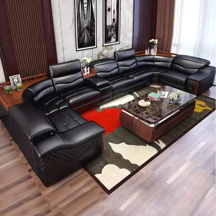 

-Luxury genuine leather corner u shape lounge suite sectional sofa set living room modular sofas couches furniture for home