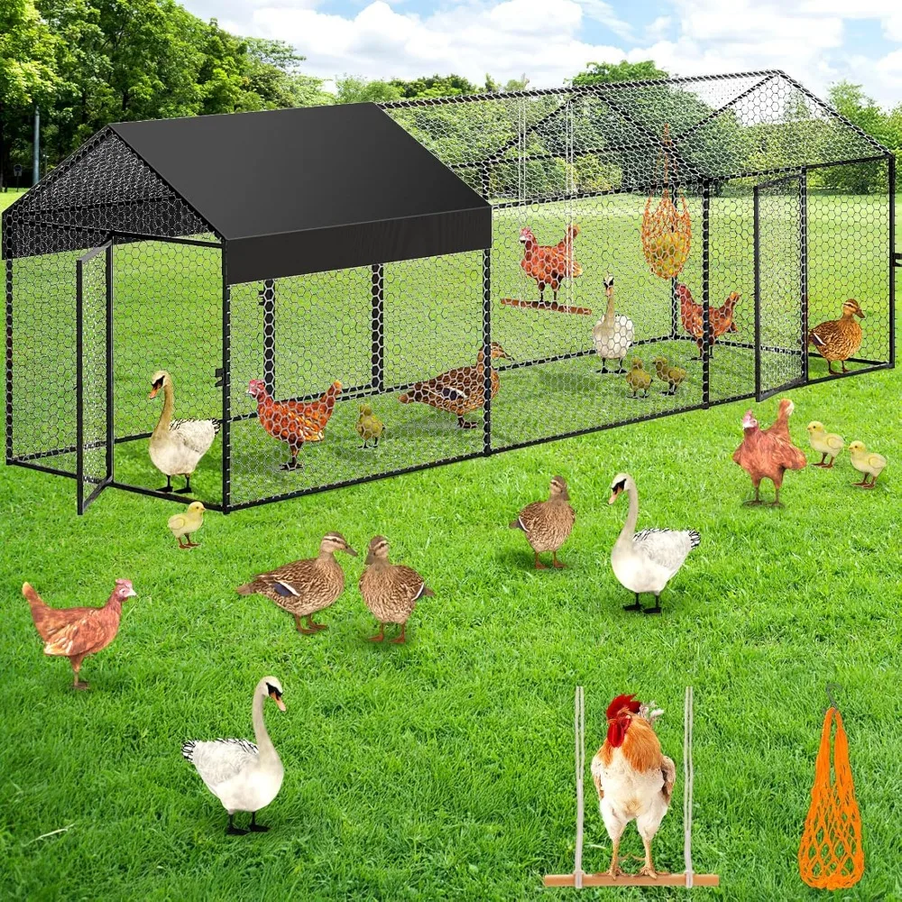

Large Metal Chicken Coop Chicken Run with Cover for 10-12 chickens 120"L×40"W×40"H Portable Poultry Cage Hen House Outdoor Backy