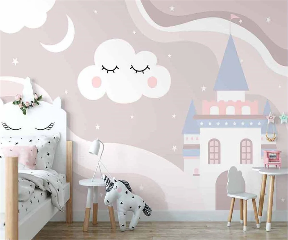 Custom cartoon wallpaper Nordic hand-painted pink clouds cartoon starry sky children's room background wall 3d wallpaper