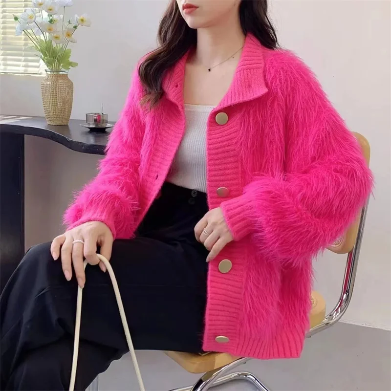 Mantel beludru Mink imitasi wangi kecil wanita, Sweater Atasan Wanita musim gugur, jaket kelas atas longgar, kardigan angin malas luar