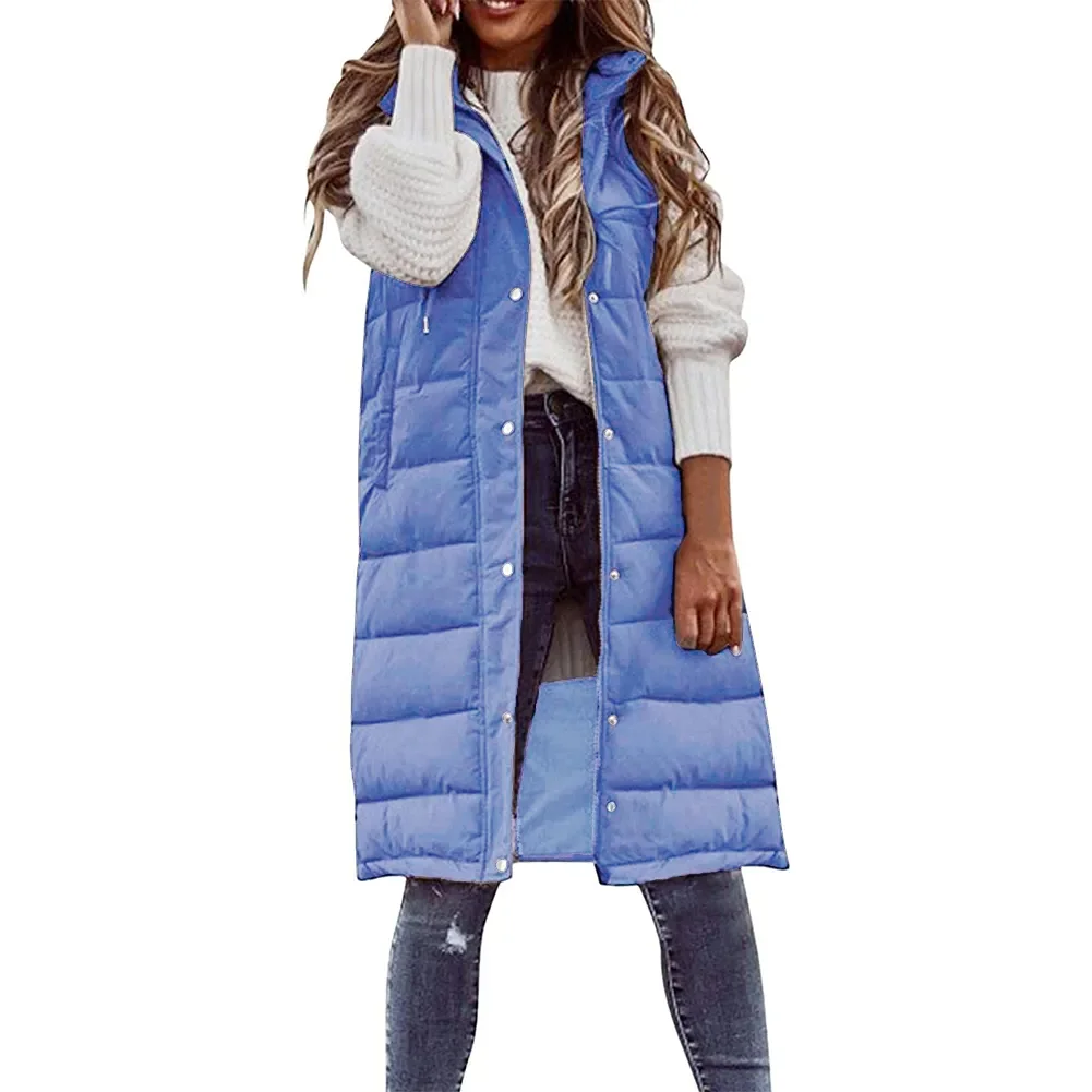 Sleeveless Winter Warm Jacket Women 2023 Midi Coats Vest Keep Warm Elegant Black Hooded Street Hipster Lady Cotton Overcoat