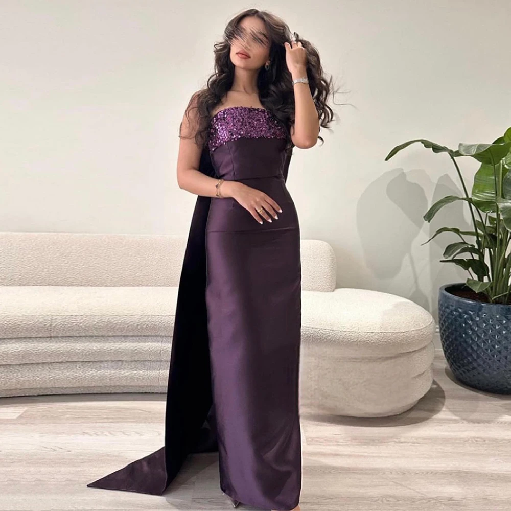 Purple Sequined Prom Dress Strapless Sleeveless Back Big Bow Straight Satin Evening Dresses Floor Length Formal Occasion Gowns