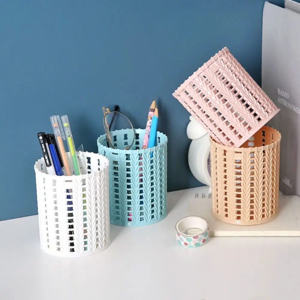 Creative Rattan Pen Holder Plastic Multi-functional Makeup Brush Container Hollow Solid Color Storage Box