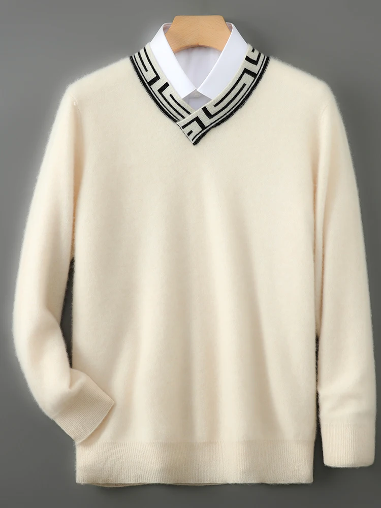 

Men 100% Merino Wool V-neck Keep Warm Sweater Solid Color Jacquard Pullover Autumn Winter Cashmere Clothing Business Leisure Top