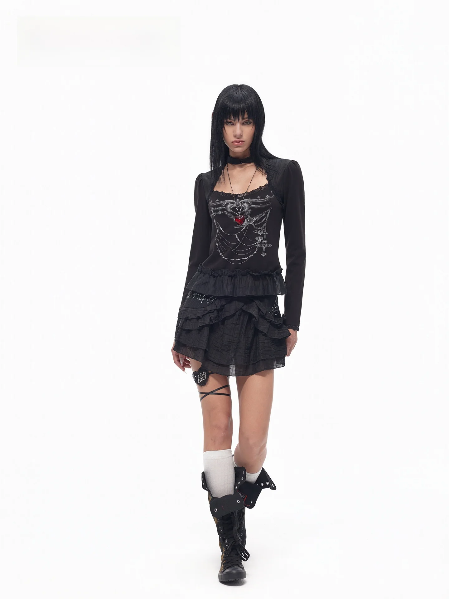 TOOOLAZY Y2K Inspired Long Sleeve T-Shirt Lace Print Collar Bell Bottom Base Layer Top Casual Style Standard Fit Other Material