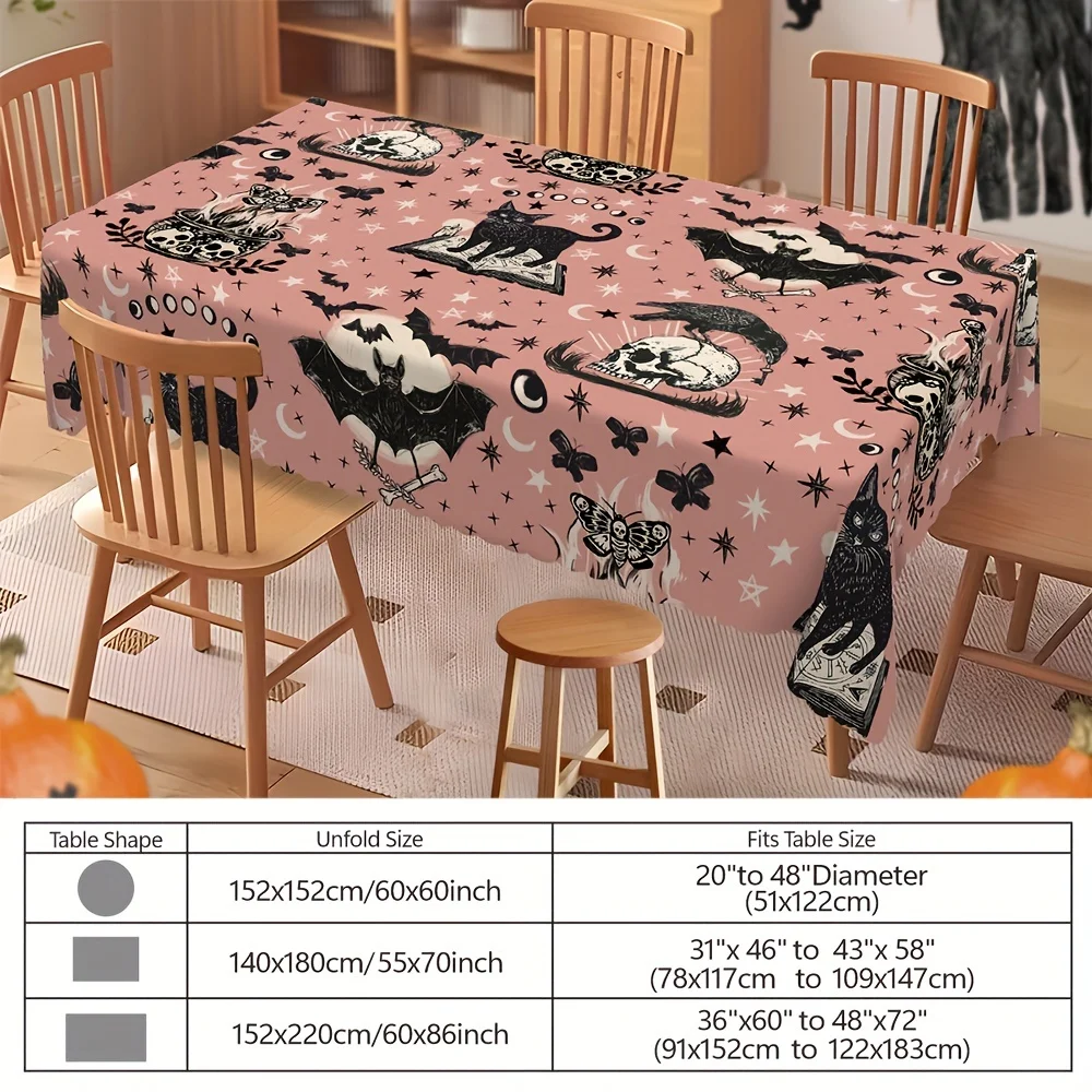 One rectangular circular tablecloth, black cat retro Halloween tablecloth, painted bat and skull design