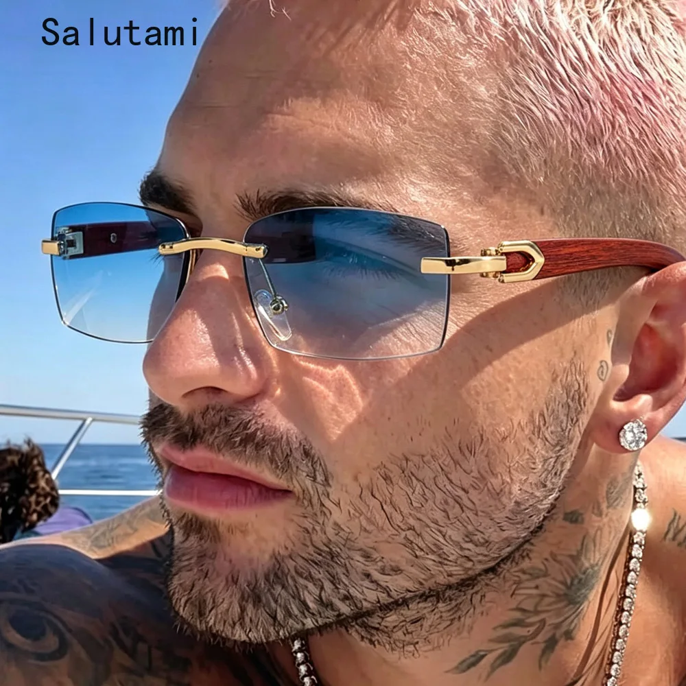 Cutting Rimless Square Wood Sunglasses for Women and Men Vintage Gradient Arrow Sun Glasses Ladies Outdoor Driving Shades Uv400