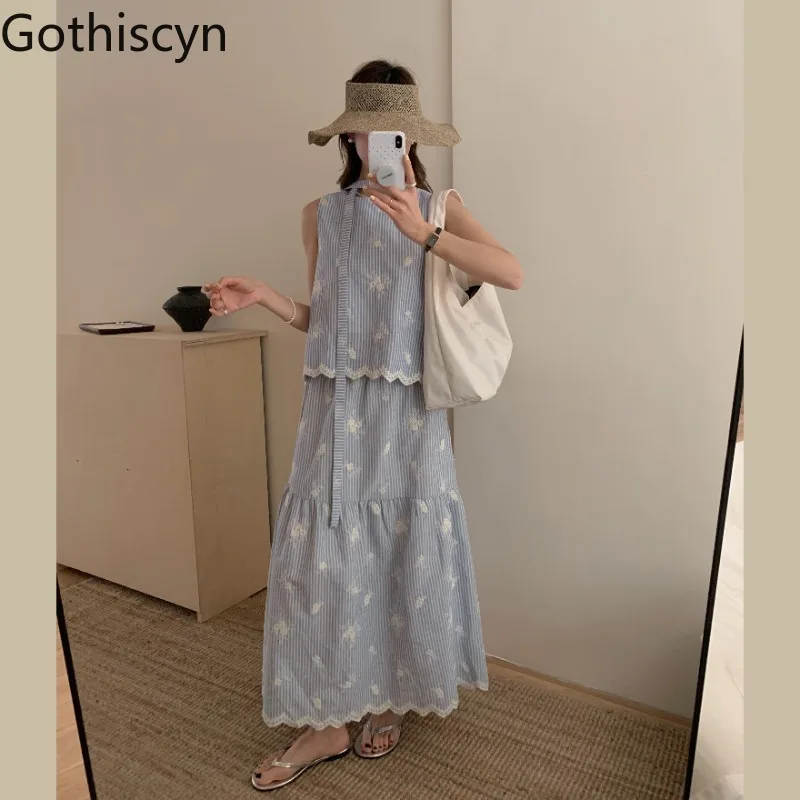 

Gothiscyn Blue Striped Skirt Set Women's Summer Embroidered Sleeveless Top High Waist Long Skirt Two-piece Set Female Clothes