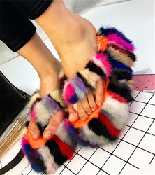 Colorful Mink Fur Women Slippers Thick Sole Platform Shoes Woman Outdoor Slides Leisure Flip Flops Summer Wedge Sandals Creepers