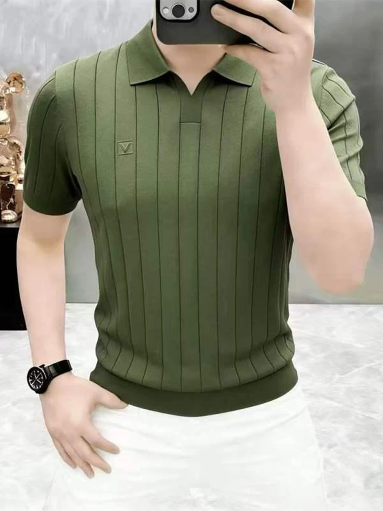 

Slim Fit Short Sleeve Shirt Casual Breathable Summer Thin European Style Half Sleeve Business Casual Striped Men's T-shirt