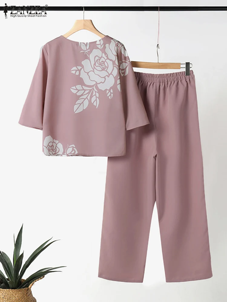 ZANZEA Summer 2pcs Pant Sets Women Floral 3/4 Sleeve Tops Elastic Waist Trouser Casual Loose Suits Vintage 2 Piece Outfits