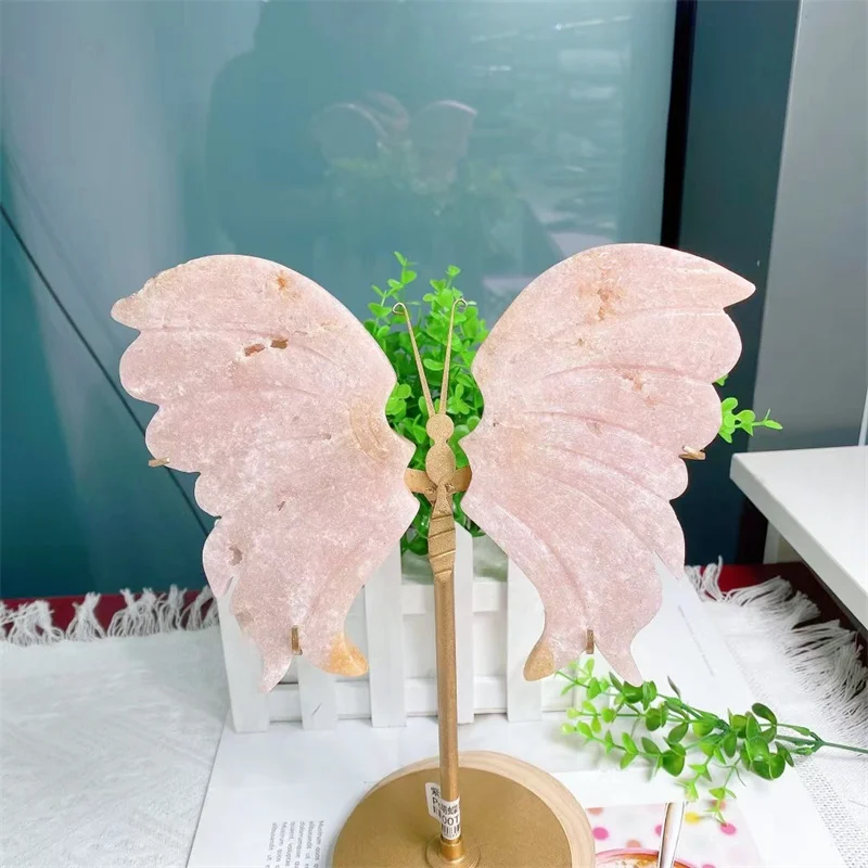 

14.5cm Natural Purple Rose Quartz Hand Carved Butterfly Wings Figurine Gemstone Crafts Home Decoration Or Holiday Gift 1pair