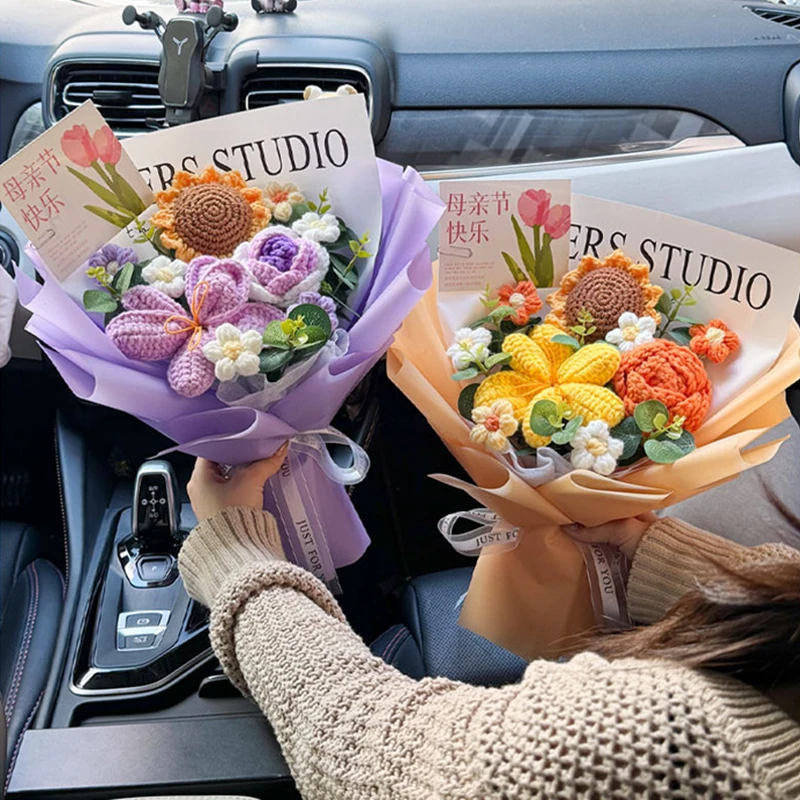 Gestrickter Blumenstrauß, handgefertigt, gehäkelt, Blumenstrauß, Muttertagsgeschenk, fertige handgewebte Blumen, Geburtstagsgeschenk zum Valentinstag