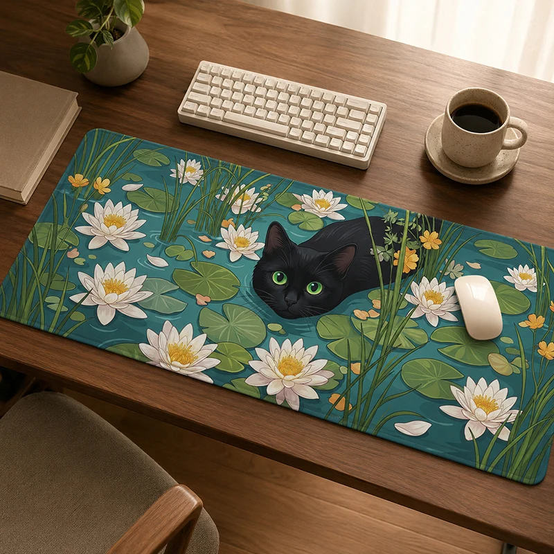 Mouse Pad Gamer Lotus And Black Cat printon demand Custom Computer Mousepad XXL Desk Mats Non-Slip Soft Laptop Desktop Mouse Pad