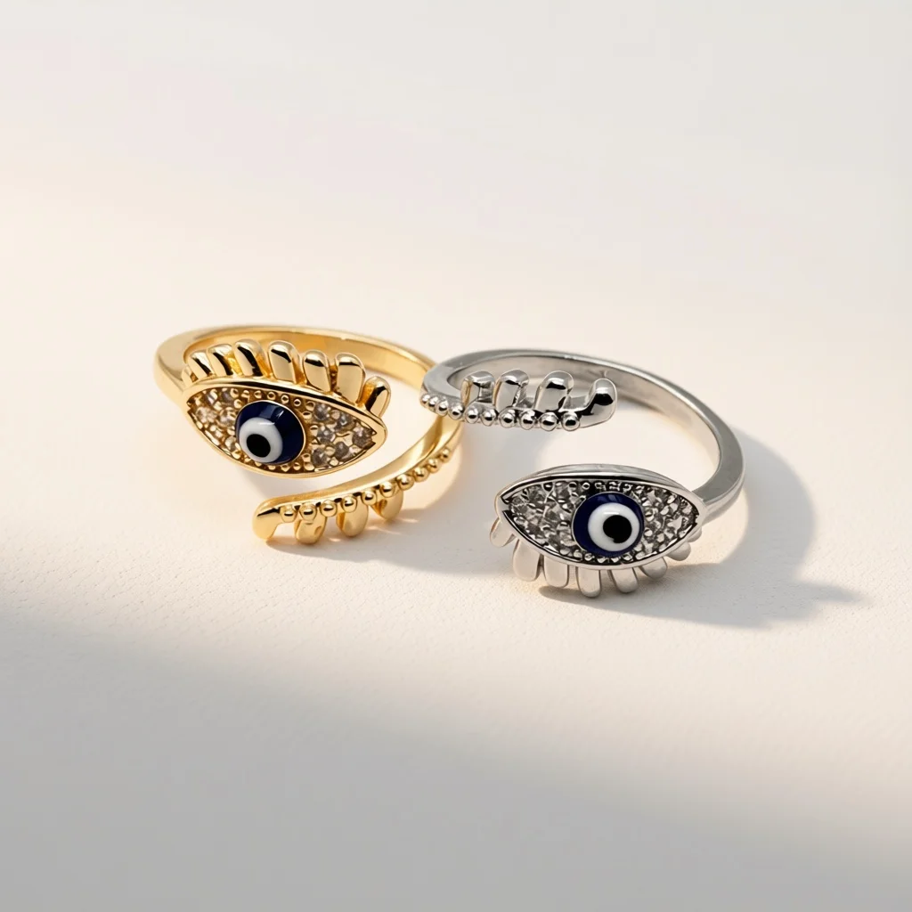 Evil Eye Zircon Inlaid Open Adjustable Ring Gold Silver Two‑Tone Lucky Jewelry Gift For Daily Elegant Wear Female Customers